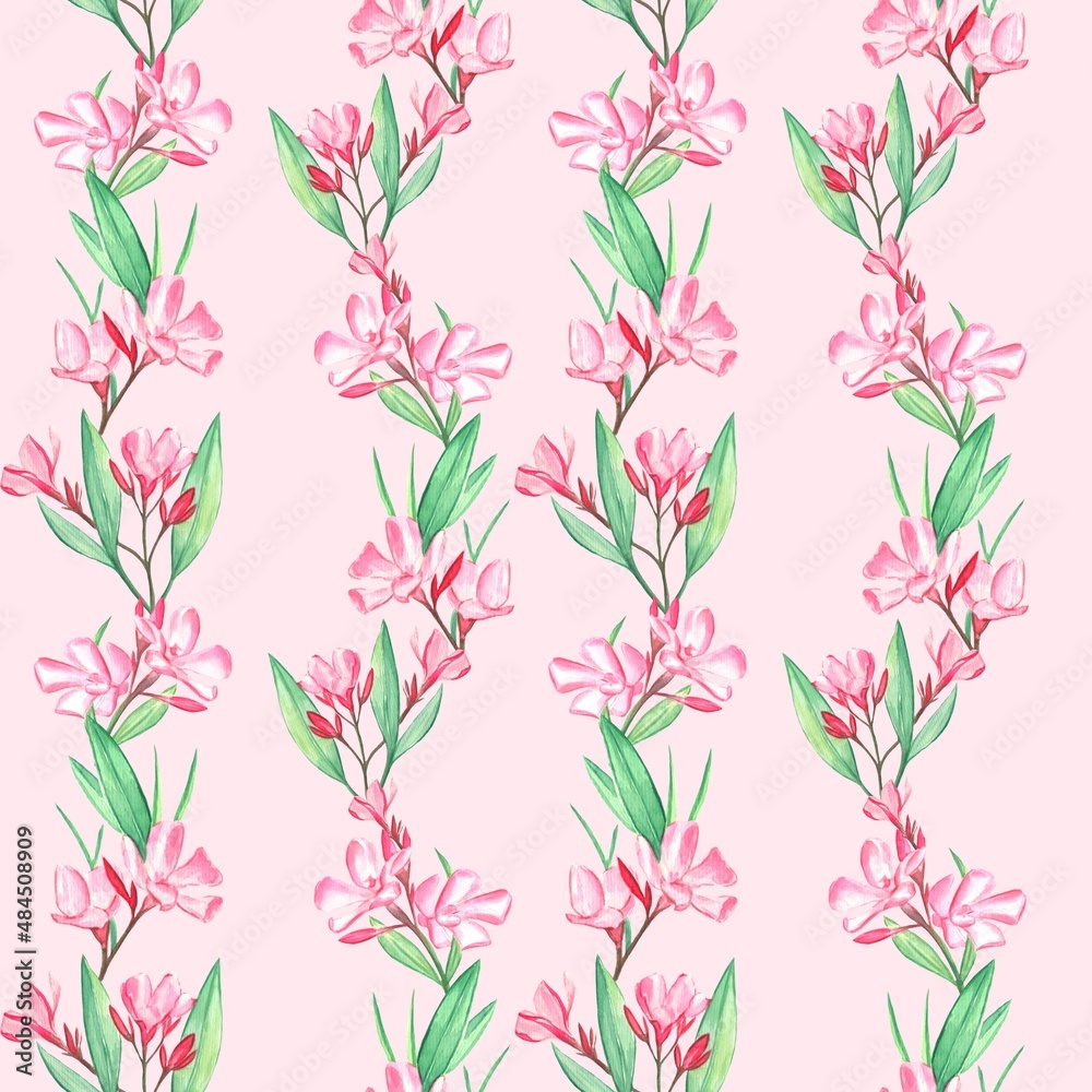 Seamless pattern with watercolor oleander flowers  and leaves