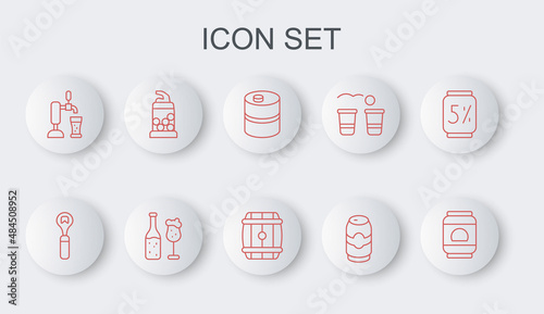 Set line Beer can, Bottle opener, Metal beer keg, tap with glass, bottle and and Wooden barrel icon. Vector