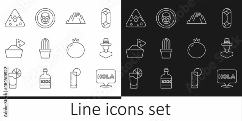 Set line Hola, Mexican man sombrero, Volcano eruption with lava, Cactus or succulent in pot, Nachos bowl, Tomato and skull coin icon. Vector