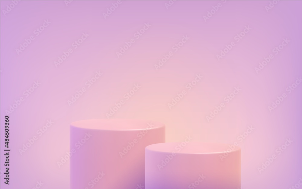 Pink background with realistic 3d podiums. Minimal soft scene with standing cylindrical pedestal in pink light. Modern presentation, sale, display of products. Vector illustration Pink background with realistic 3d podiums. Minimal soft scene with standing cylindrical pedestal in pink light. Modern presentation, sale, display of products. Vector illustration