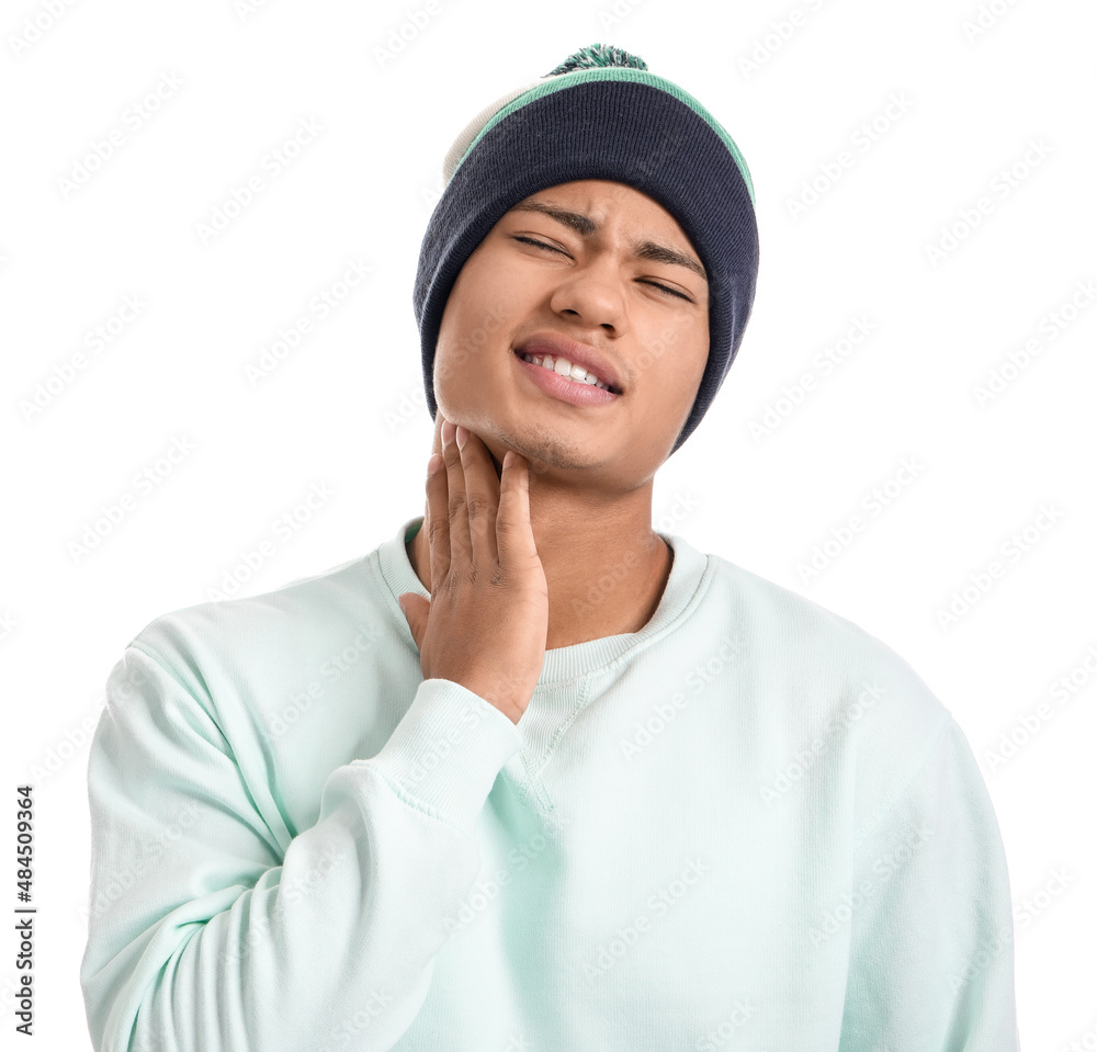 Ill African-American guy with sore throat on white background Ill African-American guy with sore throat on white background