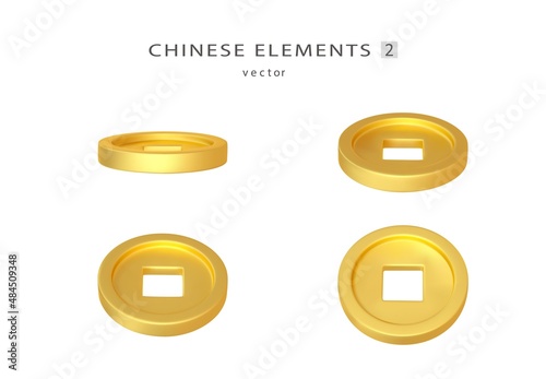3d render realistic chinese golden coins from different angles. Chinese decoration elements for oriental New Year. Vector illustration