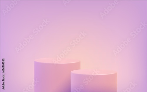 Pink background with realistic 3d podiums. Minimal soft scene with standing cylindrical pedestal in pink light. Modern presentation, sale, display of products. Vector illustration