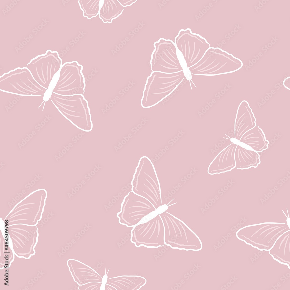 Seamless butterfly pattern in the style of doodles on a pink background ...
