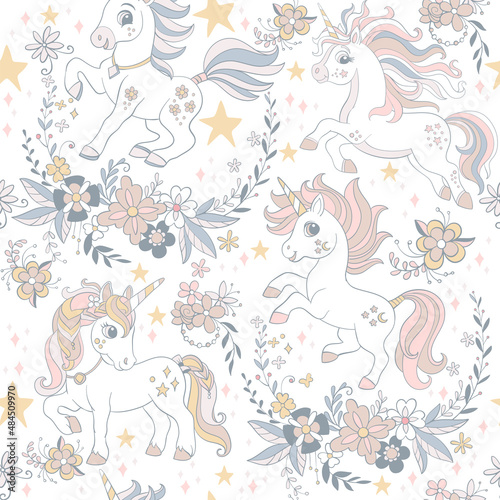 Cute unicorns with flowers vector seamless pattern white