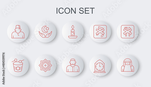 Set line Muslim woman in niqab, Ramadan drum, Burning candle, Clock, Star crescent, Octagonal star and icon. Vector