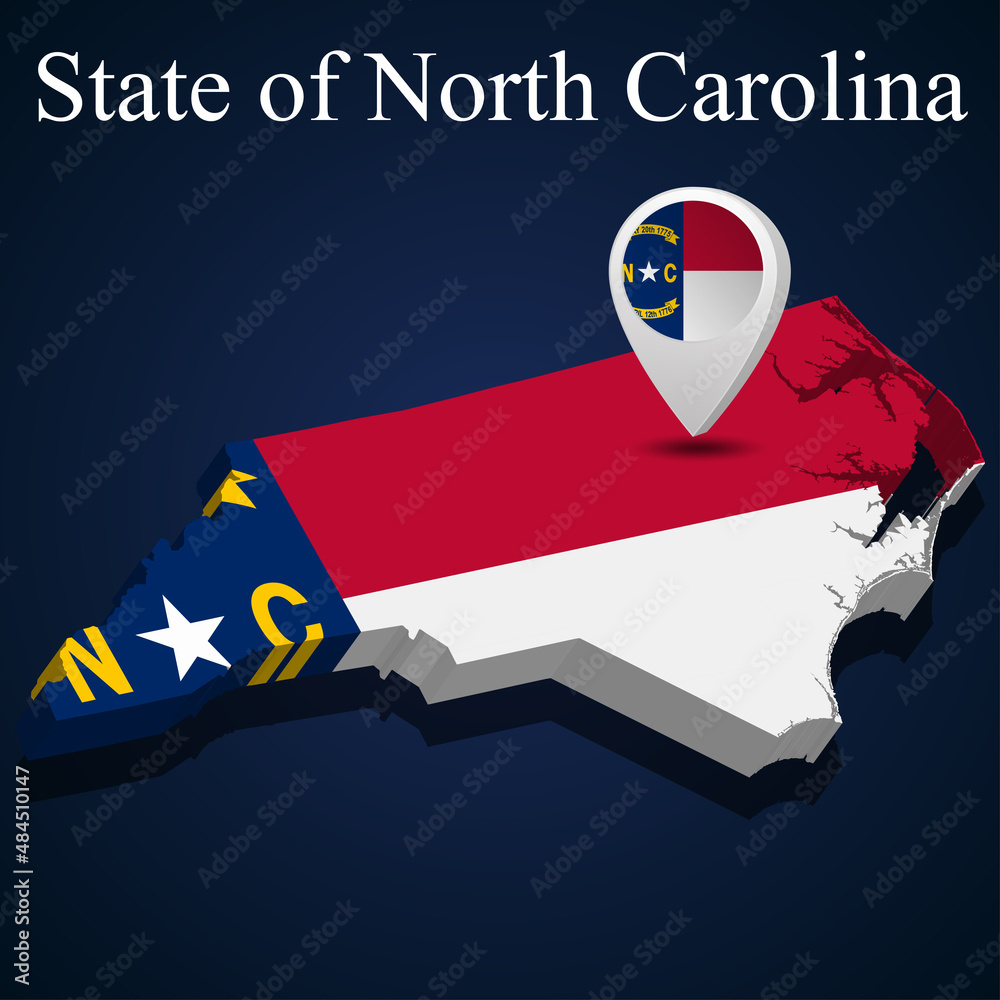 Flag of State of North Carolina of USA on map on dark background Stock ...