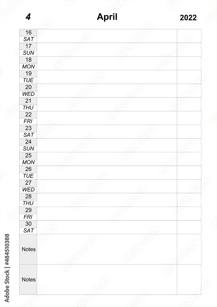 Calendar planner for April 2022. Business plan. Empty cells of planner Calendar planner for April 2022. Business plan. Empty cells of planner