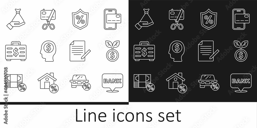 Set line Bank building, Dollar plant, Loan percent, Business man planning mind, Briefcase and money, Money hand, Document pen and Scissors cutting credit card icon. Vector Set line Bank building, Dollar plant, Loan percent, Business man planning mind, Briefcase and money, Money hand, Document pen and Scissors cutting credit card icon. Vector