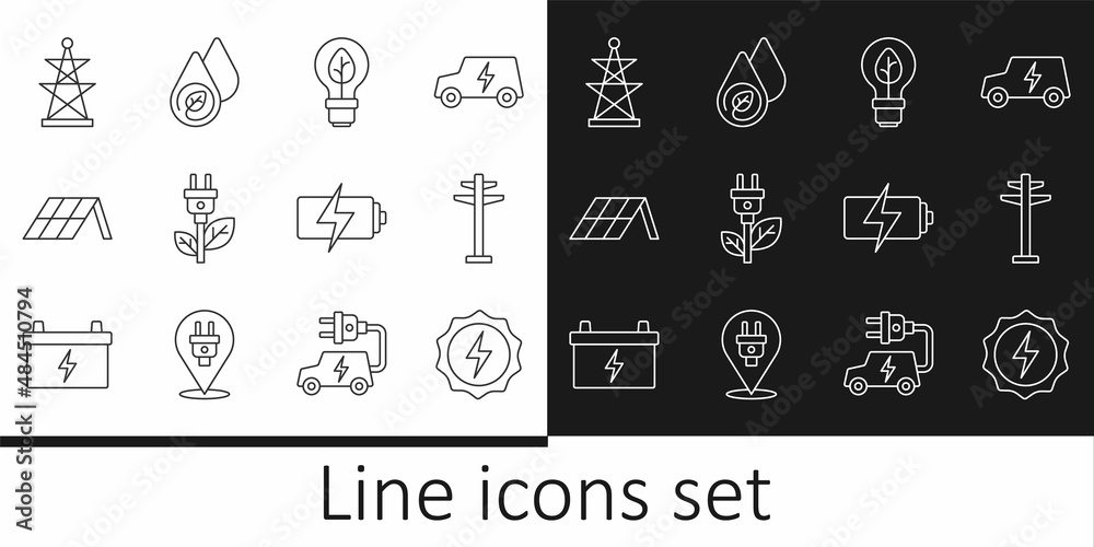 Set line Lightning bolt, Electric tower, bulb with leaf, saving plug, Solar energy panel, Battery and Water icon. Vector