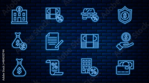 Set line Credit card, Hand giving money, Car leasing percent, Document pen, Money bag, Bank building, Stacks paper cash and icon. Vector