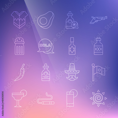 Set line Sun, Mexico flag, Tequila bottle, with lemon, Hola, Salt, Poncho and Tabasco sauce icon. Vector