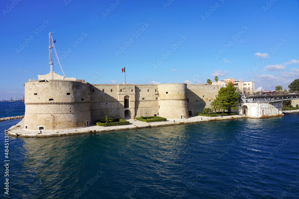 Taranto old castle on sea channel and swing bridge, Apuia, Italy