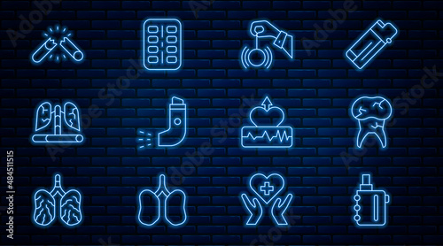 Set line Electronic cigarette, Tooth with caries, Hypnosis, Inhaler, Disease lungs, Broken, Heartbeat increase and Nicotine gum blister pack icon. Vector
