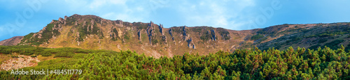 Panoramic landscape. Beautiful and dangerous rocks. Favorite place of climbers. Shpytsi, Carpathians, Western Ukraine
