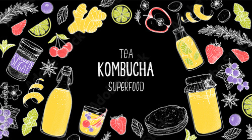 Kombucha tea and ingredients for kombucha sketch. Hand drawn vector illustration. Kombucha drink. Tea mushroom, tea fungus, or Manchurian mushroom.