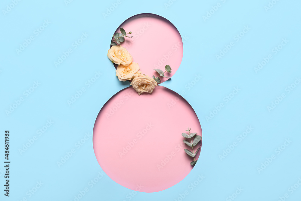 Greeting card for International Women's Day with flowers on blue background