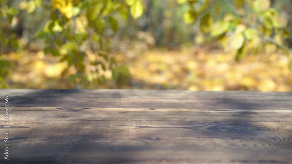 Rustic old wooden table outdoors with autumn leaves falling in the background. Empty table top planks product display with blurred background scene of autumn forest Rustic old wooden table outdoors with autumn leaves falling in the background. Empty table top planks product display with blurred background scene of autumn forest