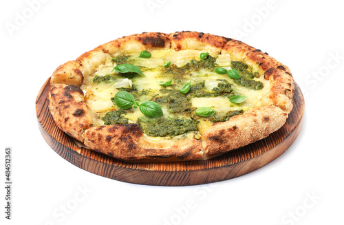 Delicious pizza with pesto, cheese and basil on white background