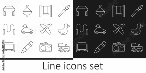 Set line Toy train, Rubber duck, Swing, Radio controlled car toy, Jump rope, Headphones, plane and Whirligig icon. Vector
