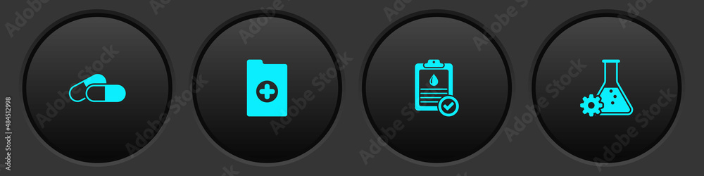 Set Medicine pill or tablet, Clinical record, Clipboard with blood test and Bioengineering icon. Vector Set Medicine pill or tablet, Clinical record, Clipboard with blood test and Bioengineering icon. Vector