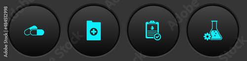 Set Medicine pill or tablet, Clinical record, Clipboard with blood test and Bioengineering icon. Vector