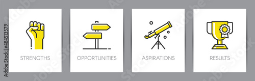 SOAR analysis. Strengths, opportunities, aspirations, results. Business concept. Metaphors with icons.