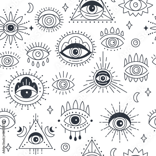 Background with hand drawn witchcraft eye talisman, magical religion sacred symbols in a trending minimal linear style. Seamless pattern design with Evil doodle eye. For t-shirt prints, cards, covers