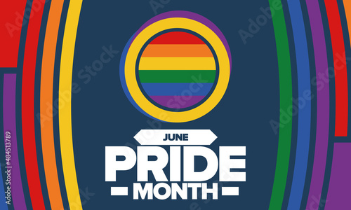 Pride Month in June. LGBT flag. Lesbian Gay Bisexual Transgender. Celebrated annual. Rainbow colours, love concept. Human rights and tolerance. Poster, banner and background. Vector illustration