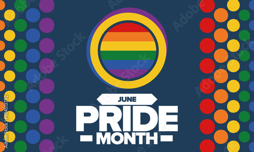 Pride Month in June. LGBT flag. Lesbian Gay Bisexual Transgender. Celebrated annual. Rainbow colours, love concept. Human rights and tolerance. Poster, banner and background. Vector illustration