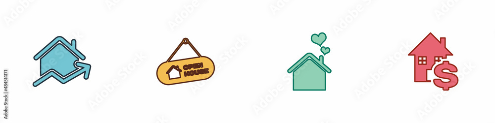 Set Rising cost of housing, Hanging sign with Open house, House heart shape and dollar icon. Vector Set Rising cost of housing, Hanging sign with Open house, House heart shape and dollar icon. Vector