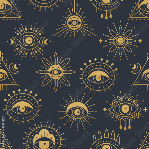 Gold Evil doodle eye seamless pattern design. Background with hand drawn witchcraft eye talisman, magical religion sacred symbols in a trending minimal linear style. For t-shirt prints, cards, covers