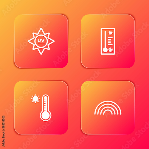 Set UV protection, Meteorology thermometer, and Rainbow icon. Vector
