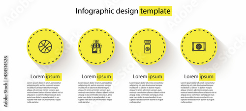 Set Basketball ball, Sports shop and basketball, game ticket and video. Business infographic template. Vector