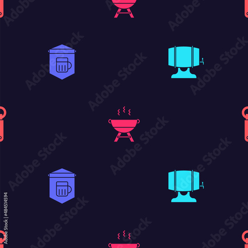 Set Wooden barrel on rack, Signboard with glass of beer, Barbecue grill and Bottle opener on seamless pattern. Vector