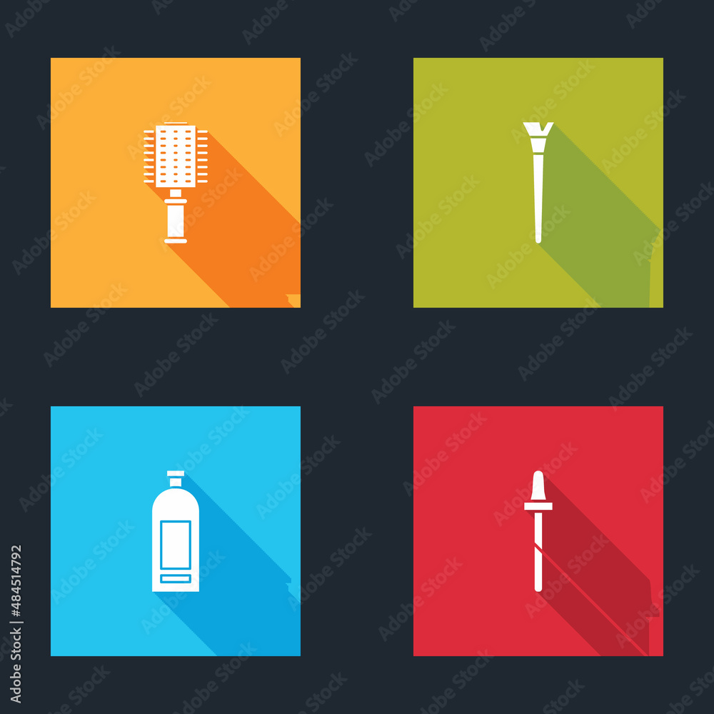 Set Hairbrush, Makeup, Bottle of shampoo and Pipette icon. Vector Set Hairbrush, Makeup, Bottle of shampoo and Pipette icon. Vector