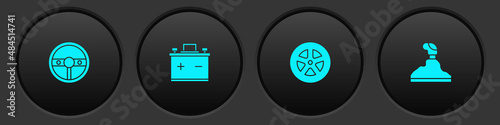 Set Steering wheel, Car battery, and Gear shifter icon. Vector
