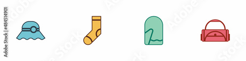 Set Elegant women hat, Socks, Christmas mitten and Sport bag icon. Vector
