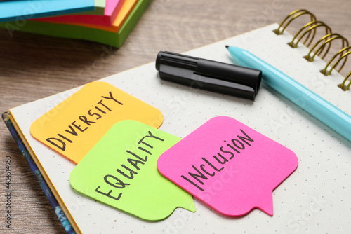 Slika na platnu Sticky notes with words Diversity, Equality, Inclusion and stationery on wooden