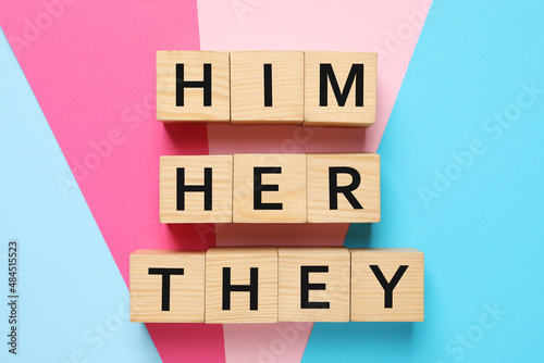 Tableau sur toile Gender pronouns Him, Her and They made of wooden cubes on color background, flat
