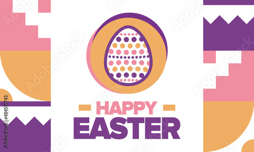 Happy Easter in April. Christian spring holiday in honor of the resurrection of Christ. Biblical history. Traditional dyeing eggs with patterns, fun game for children searching for easter eggs. Vector