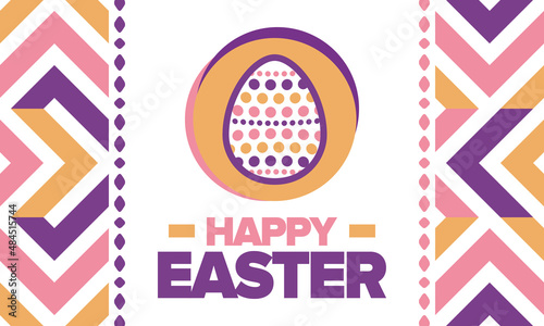 Happy Easter in April. Christian spring holiday in honor of the resurrection of Christ. Biblical history. Traditional dyeing eggs with patterns, fun game for children searching for easter eggs. Vector