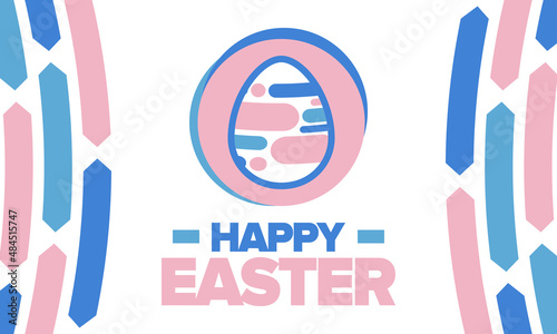 Happy Easter in April. Christian spring holiday in honor of the resurrection of Christ. Biblical history. Traditional dyeing eggs with patterns, fun game for children searching for easter eggs. Vector