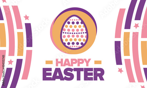 Happy Easter in April. Christian spring holiday in honor of the resurrection of Christ. Biblical history. Traditional dyeing eggs with patterns, fun game for children searching for easter eggs. Vector