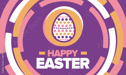 Happy Easter in April. Christian spring holiday in honor of the resurrection of Christ. Biblical history. Traditional dyeing eggs with patterns, fun game for children searching for easter eggs. Vector