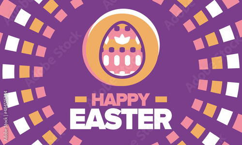 Happy Easter in April. Christian spring holiday in honor of the resurrection of Christ. Biblical history. Traditional dyeing eggs with patterns, fun game for children searching for easter eggs. Vector