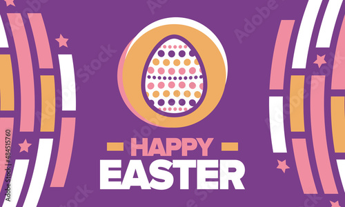 Happy Easter in April. Christian spring holiday in honor of the resurrection of Christ. Biblical history. Traditional dyeing eggs with patterns, fun game for children searching for easter eggs. Vector