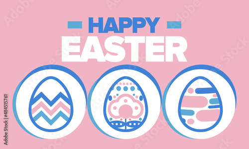 Happy Easter in April. Christian spring holiday in honor of the resurrection of Christ. Biblical history. Traditional dyeing eggs with patterns, fun game for children searching for easter eggs. Vector