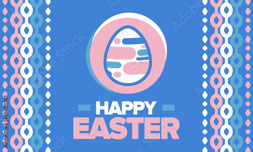 Happy Easter in April. Christian spring holiday in honor of the resurrection of Christ. Biblical history. Traditional dyeing eggs with patterns, fun game for children searching for easter eggs. Vector