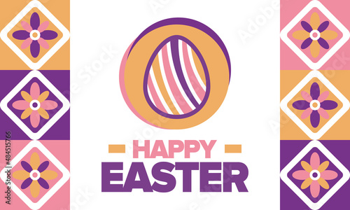 Happy Easter in April. Christian spring holiday in honor of the resurrection of Christ. Biblical history. Traditional dyeing eggs with patterns, fun game for children searching for easter eggs. Vector